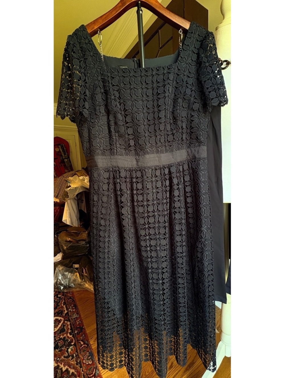 Talbots Navy Lace Eyelet Dress with grosgrain ribbon waist 14